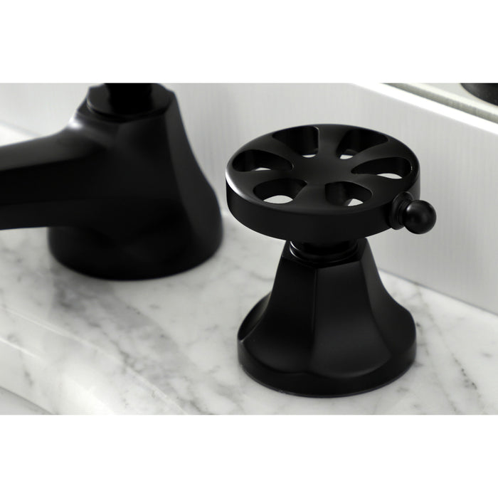 Kingston Tulare KS4460RX - Belknap Two-Handle 3-Hole Deck Mount Widespread Bathroom Faucet with Brass Pop-Up, Matte Black