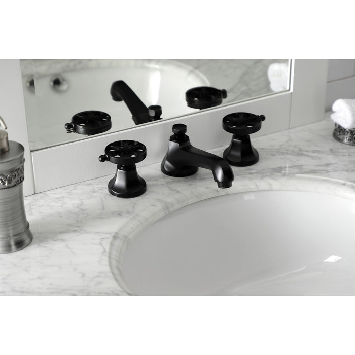 Kingston Tulare KS4460RX - Belknap Two-Handle 3-Hole Deck Mount Widespread Bathroom Faucet with Brass Pop-Up, Matte Black