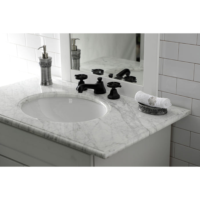 Kingston Tulare KS4460RX - Belknap Two-Handle 3-Hole Deck Mount Widespread Bathroom Faucet with Brass Pop-Up, Matte Black