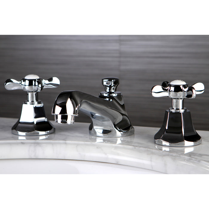 Kingston Tulare KS4461BEX - Essex Two-Handle 3-Hole Deck Mount Widespread Bathroom Faucet with Brass Pop-Up, Polished Chrome