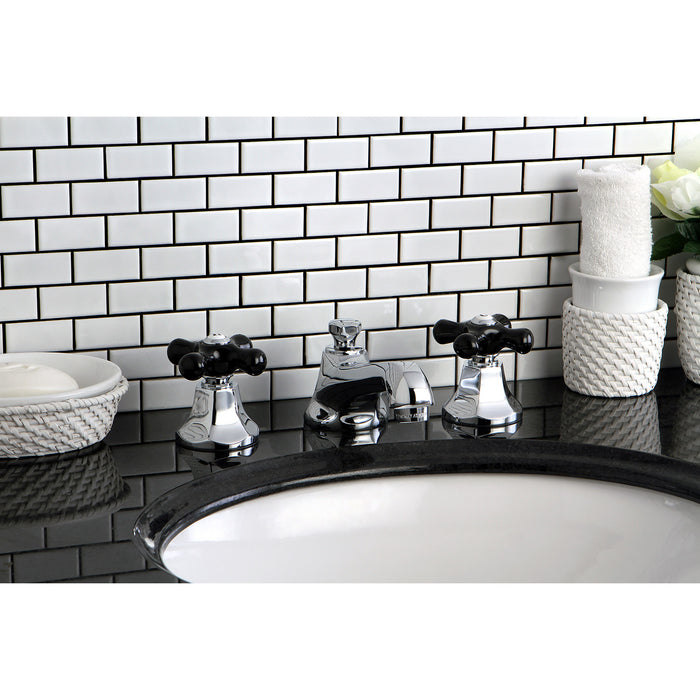 Kingston Tulare KS4461PKX - Duchess Two-Handle 3-Hole Deck Mount Widespread Bathroom Faucet with Brass Pop-Up, Polished Chrome