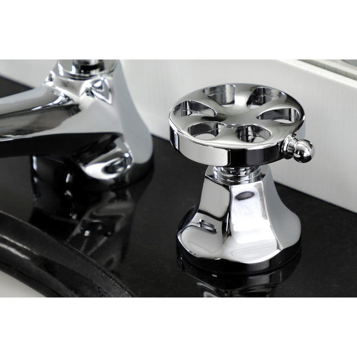 Kingston Tulare KS4461RX - Belknap Two-Handle 3-Hole Deck Mount Widespread Bathroom Faucet with Brass Pop-Up, Polished Chrome