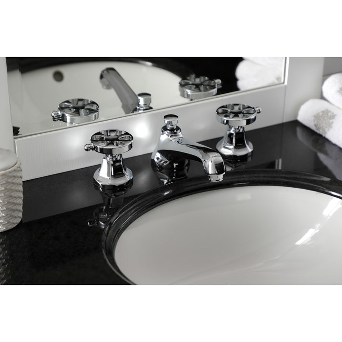 Kingston Tulare KS4461RX - Belknap Two-Handle 3-Hole Deck Mount Widespread Bathroom Faucet with Brass Pop-Up, Polished Chrome