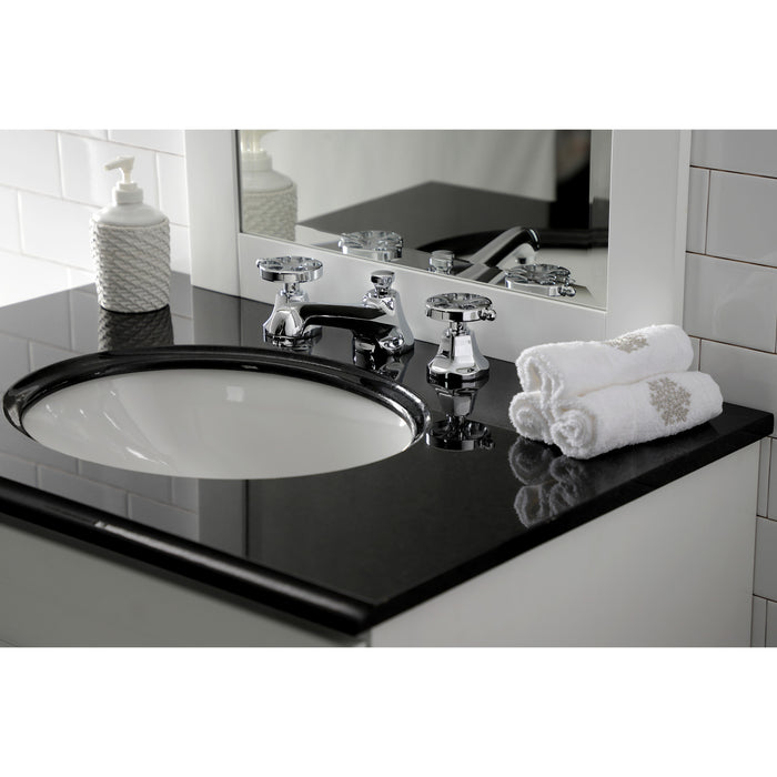 Kingston Tulare KS4461RX - Belknap Two-Handle 3-Hole Deck Mount Widespread Bathroom Faucet with Brass Pop-Up, Polished Chrome