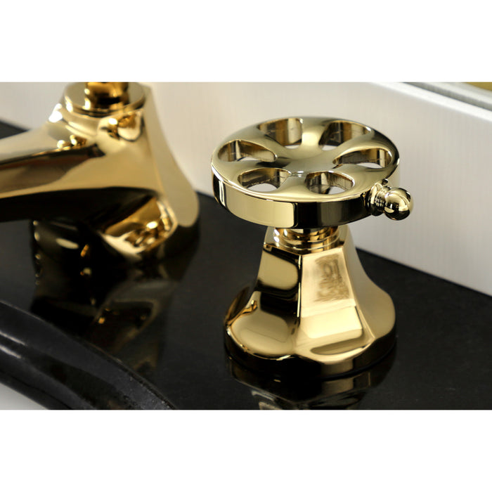 Kingston Tulare KS4462RX - Belknap Two-Handle 3-Hole Deck Mount Widespread Bathroom Faucet with Brass Pop-Up, Polished Brass