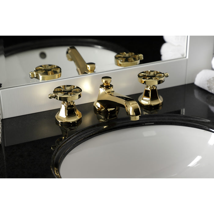Kingston Tulare KS4462RX - Belknap Two-Handle 3-Hole Deck Mount Widespread Bathroom Faucet with Brass Pop-Up, Polished Brass