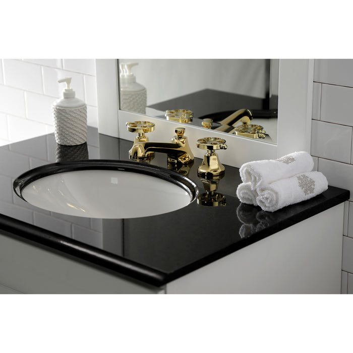 Kingston Tulare KS4462RX - Belknap Two-Handle 3-Hole Deck Mount Widespread Bathroom Faucet with Brass Pop-Up, Polished Brass