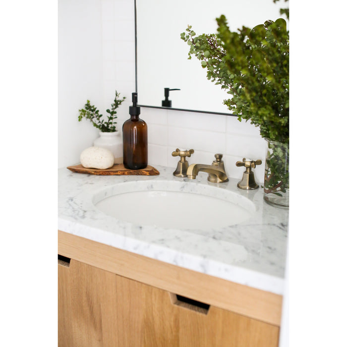 Kingston Tulare KS4463BEX - Essex Two-Handle 3-Hole Deck Mount Widespread Bathroom Faucet with Brass Pop-Up, Antique Brass