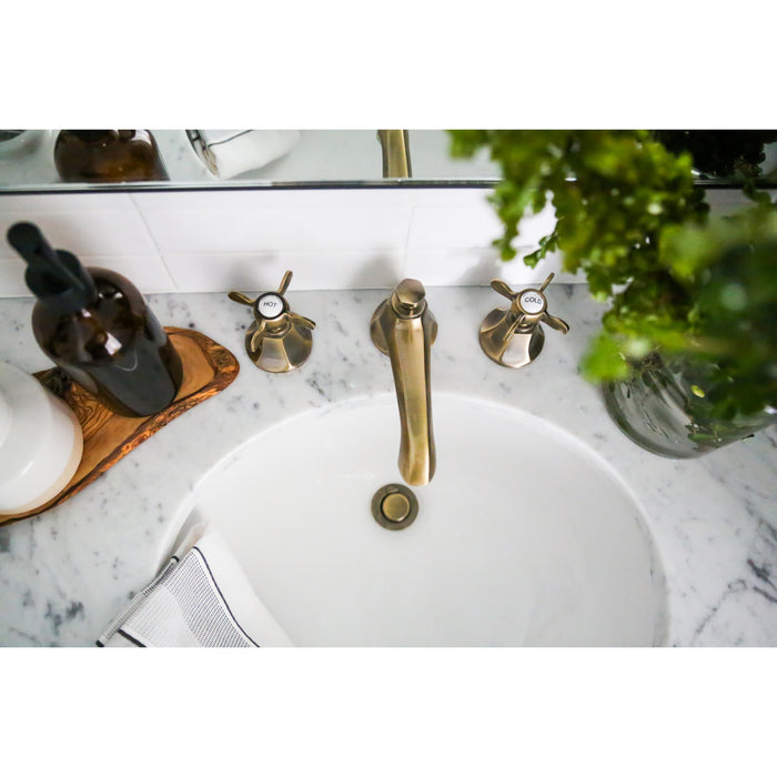 Kingston Tulare KS4463BEX - Essex Two-Handle 3-Hole Deck Mount Widespread Bathroom Faucet with Brass Pop-Up, Antique Brass