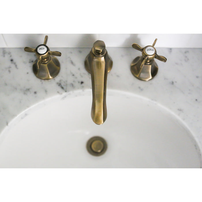 Essex KS4463BEX Two-Handle 3-Hole Deck Mount Widespread Bathroom Faucet with Brass Pop-Up, Antique Brass