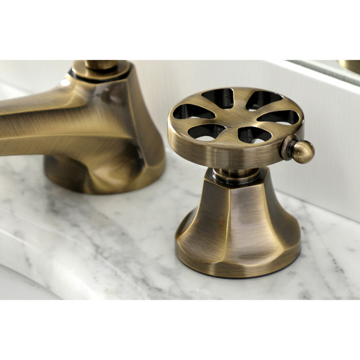 Kingston Tulare KS4463RX - Belknap Two-Handle 3-Hole Deck Mount Widespread Bathroom Faucet with Brass Pop-Up, Antique Brass