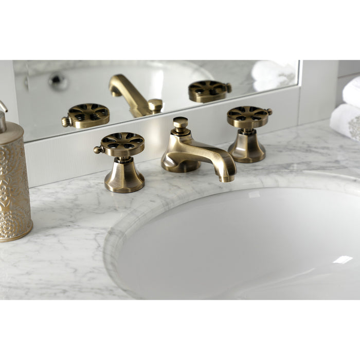 Kingston Tulare KS4463RX - Belknap Two-Handle 3-Hole Deck Mount Widespread Bathroom Faucet with Brass Pop-Up, Antique Brass