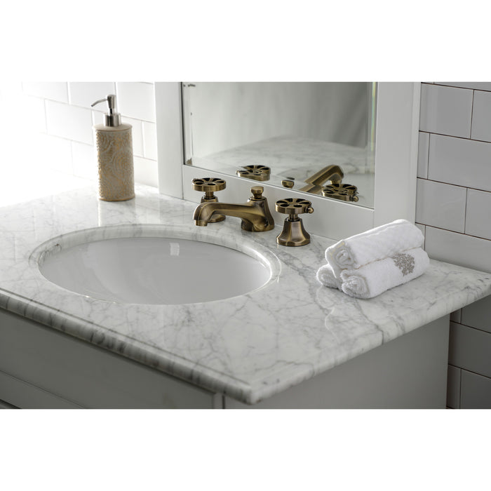 Kingston Tulare KS4463RX - Belknap Two-Handle 3-Hole Deck Mount Widespread Bathroom Faucet with Brass Pop-Up, Antique Brass
