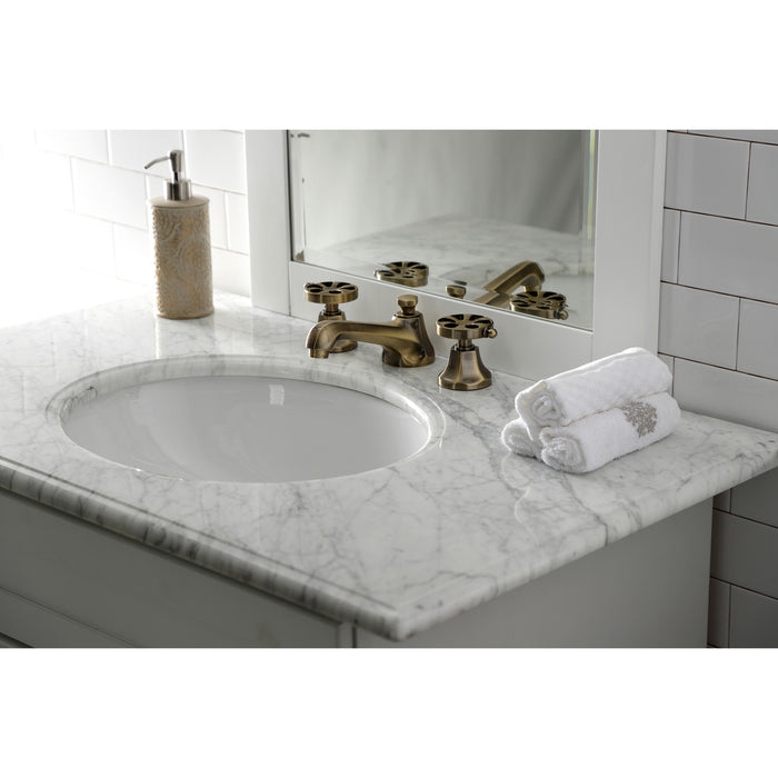 Belknap KS4463RX Two-Handle 3-Hole Deck Mount Widespread Bathroom Faucet with Brass Pop-Up, Antique Brass