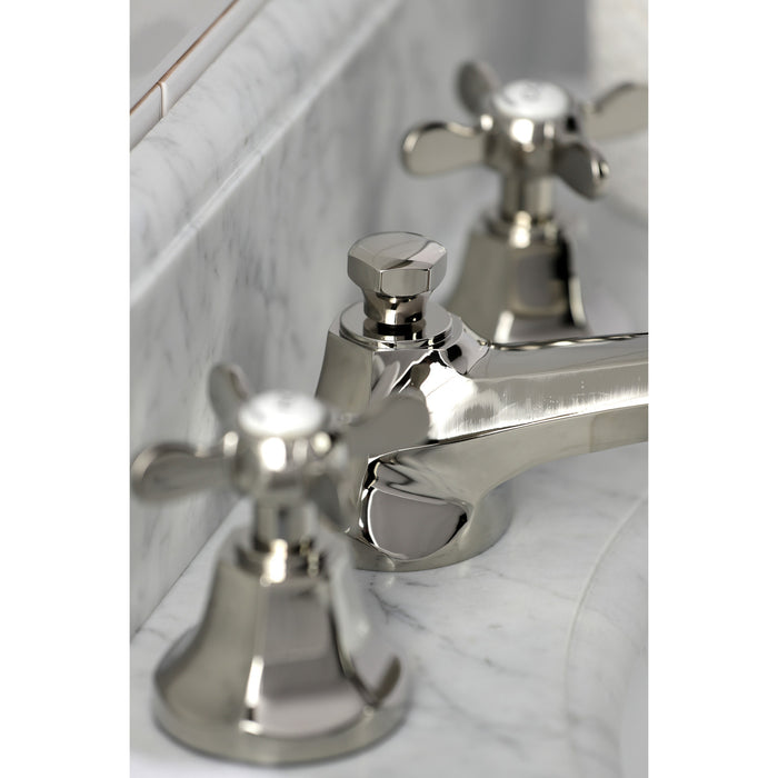 Kingston Tulare KS4466BEX - Essex Two-Handle 3-Hole Deck Mount Widespread Bathroom Faucet with Brass Pop-Up, Polished Nickel
