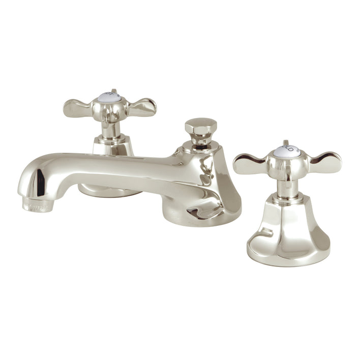 Kingston Tulare KS4466BEX - Essex Two-Handle 3-Hole Deck Mount Widespread Bathroom Faucet with Brass Pop-Up, Polished Nickel