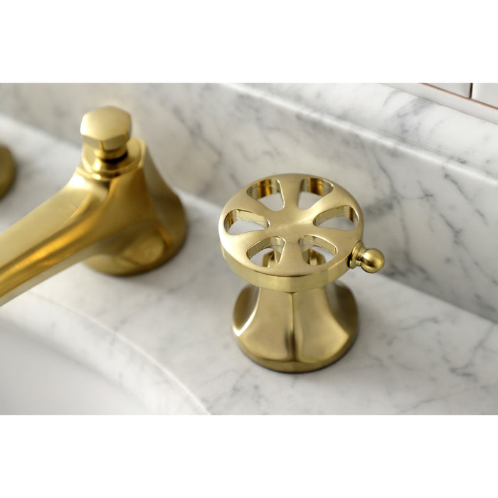 Kingston Tulare KS4467RX - Belknap Two-Handle 3-Hole Deck Mount Widespread Bathroom Faucet with Brass Pop-Up, Brushed Brass