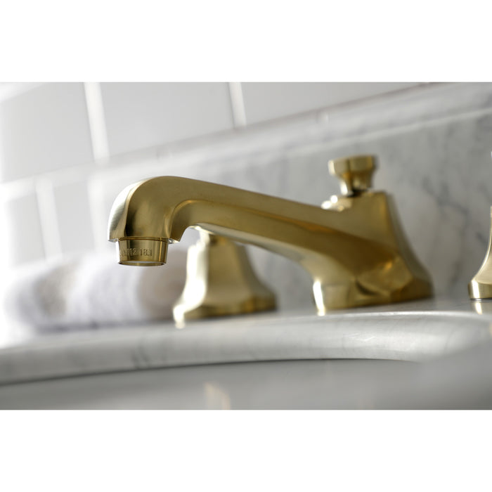Kingston Tulare KS4467RX - Belknap Two-Handle 3-Hole Deck Mount Widespread Bathroom Faucet with Brass Pop-Up, Brushed Brass