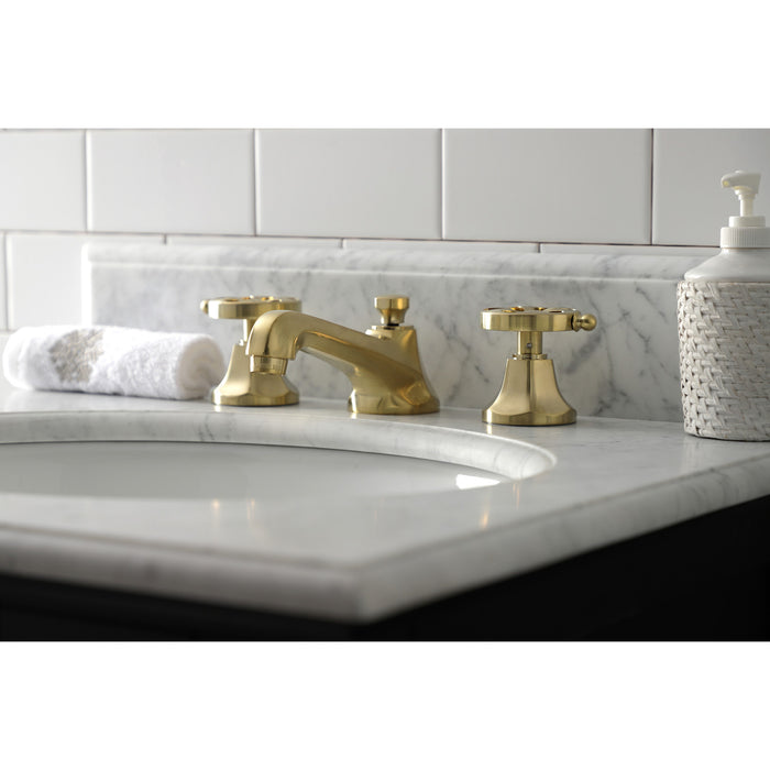 Kingston Tulare KS4467RX - Belknap Two-Handle 3-Hole Deck Mount Widespread Bathroom Faucet with Brass Pop-Up, Brushed Brass