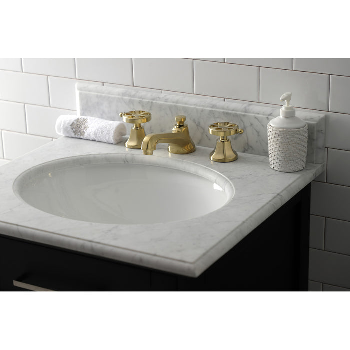 Kingston Tulare KS4467RX - Belknap Two-Handle 3-Hole Deck Mount Widespread Bathroom Faucet with Brass Pop-Up, Brushed Brass