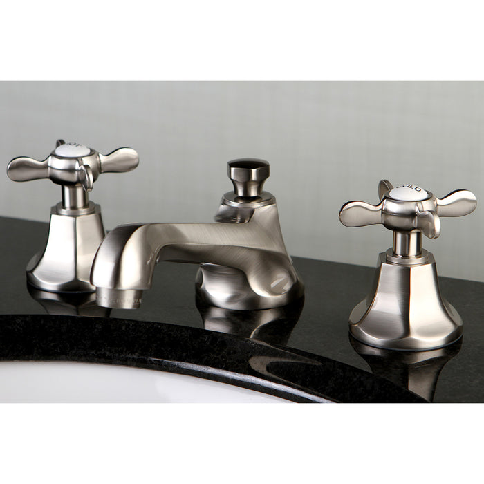Essex KS4468BEX Two-Handle 3-Hole Deck Mount Widespread Bathroom Faucet with Brass Pop-Up, Brushed Nickel