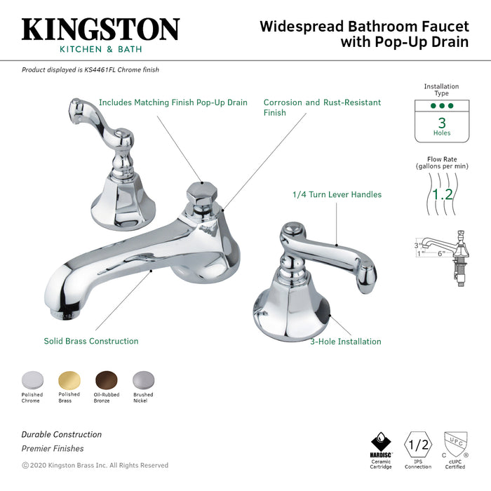 Royale KS4468FL Two-Handle 3-Hole Deck Mount Widespread Bathroom Faucet with Brass Pop-Up, Brushed Nickel