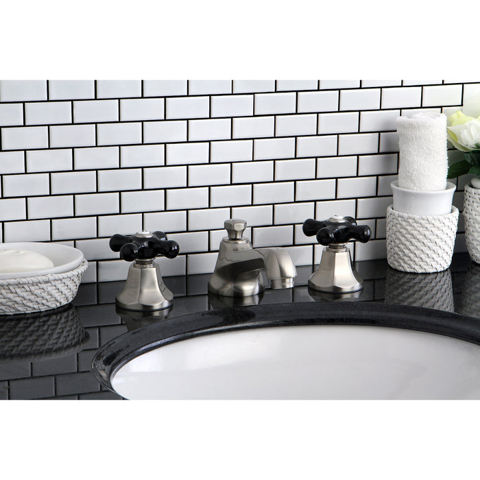 Kingston Tulare KS4468PKX - Duchess Two-Handle 3-Hole Deck Mount Widespread Bathroom Faucet with Brass Pop-Up, Brushed Nickel