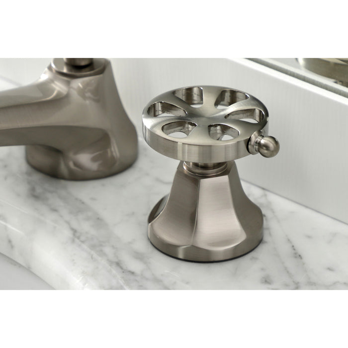 Belknap KS4468RX Two-Handle 3-Hole Deck Mount Widespread Bathroom Faucet with Brass Pop-Up, Brushed Nickel