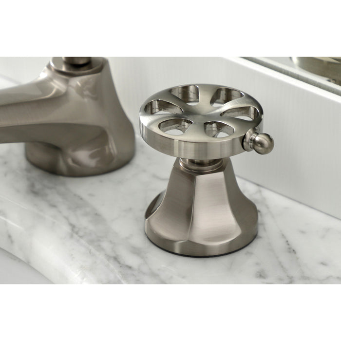 Kingston Tulare KS4468RX - Belknap Two-Handle 3-Hole Deck Mount Widespread Bathroom Faucet with Brass Pop-Up, Brushed Nickel