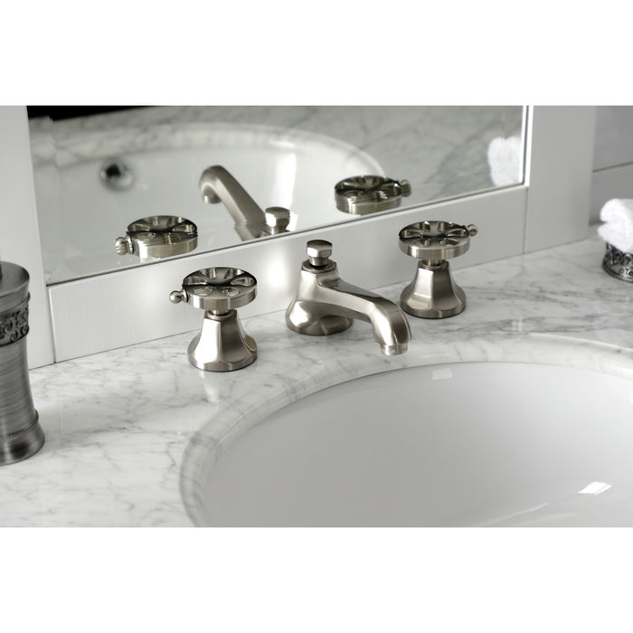 Kingston Tulare KS4468RX - Belknap Two-Handle 3-Hole Deck Mount Widespread Bathroom Faucet with Brass Pop-Up, Brushed Nickel