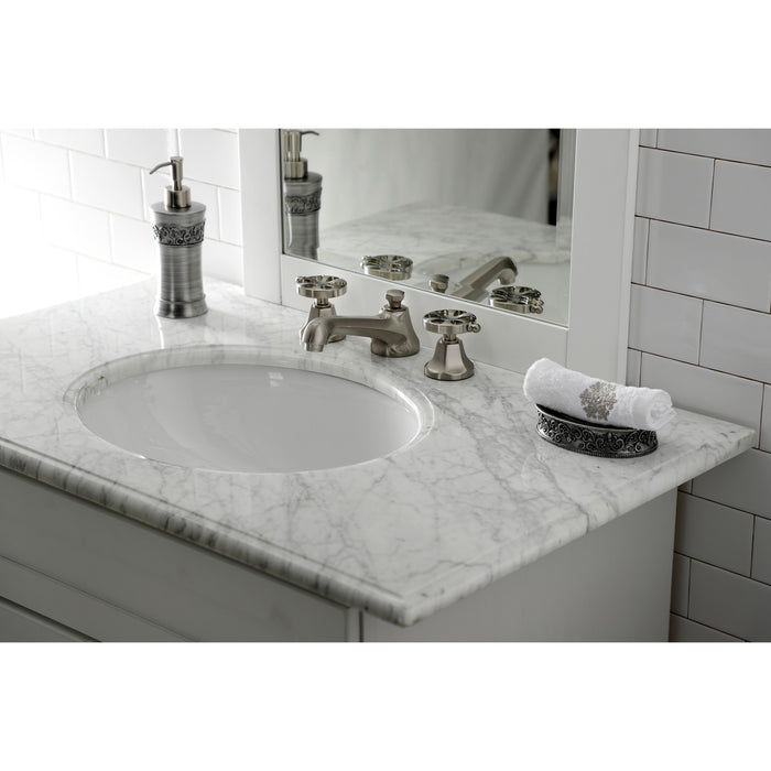 Kingston Tulare KS4468RX - Belknap Two-Handle 3-Hole Deck Mount Widespread Bathroom Faucet with Brass Pop-Up, Brushed Nickel