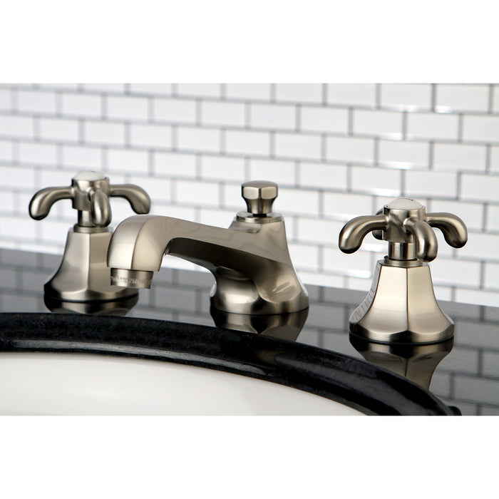 French Country KS4468TX Two-Handle 3-Hole Deck Mount Widespread Bathroom Faucet with Brass Pop-Up, Brushed Nickel