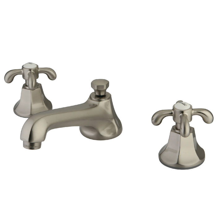 French Country KS4468TX Two-Handle 3-Hole Deck Mount Widespread Bathroom Faucet with Brass Pop-Up, Brushed Nickel