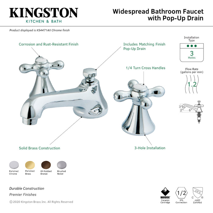 KS4471AX Two-Handle 3-Hole Deck Mount Widespread Bathroom Faucet with Brass Pop-Up, Polished Chrome