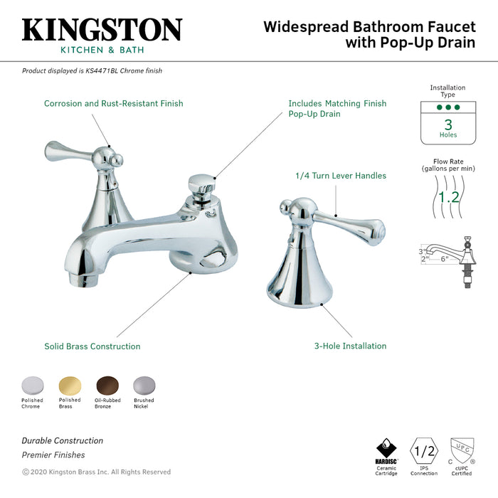 KS4471BL Two-Handle 3-Hole Deck Mount Widespread Bathroom Faucet with Brass Pop-Up, Polished Chrome