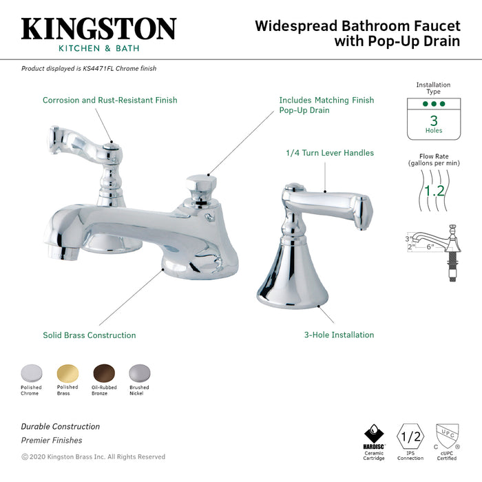 KS4471FL Two-Handle 3-Hole Deck Mount Widespread Bathroom Faucet with Brass Pop-Up, Polished Chrome