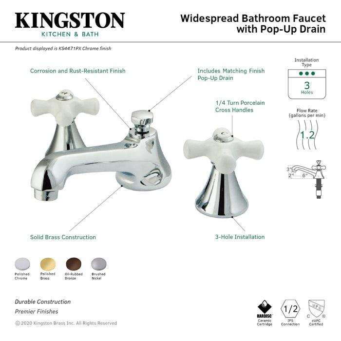 KS4471PX Two-Handle 3-Hole Deck Mount Widespread Bathroom Faucet with Brass Pop-Up, Polished Chrome