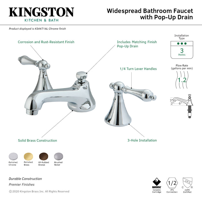 KS4472AL Two-Handle 3-Hole Deck Mount Widespread Bathroom Faucet with Brass Pop-Up, Polished Brass