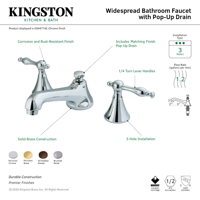 Naples KS4472NL Two-Handle 3-Hole Deck Mount Widespread Bathroom Faucet with Brass Pop-Up, Polished Brass