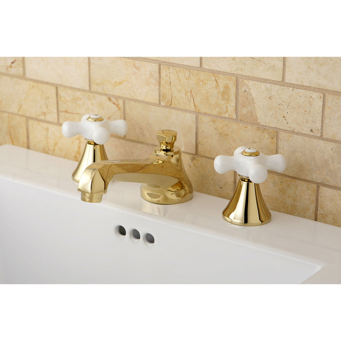 Kingston Tulare KS4472PXTwo-Handle 3-Hole Deck Mount Widespread Bathroom Faucet with Brass Pop-Up, Polished Brass