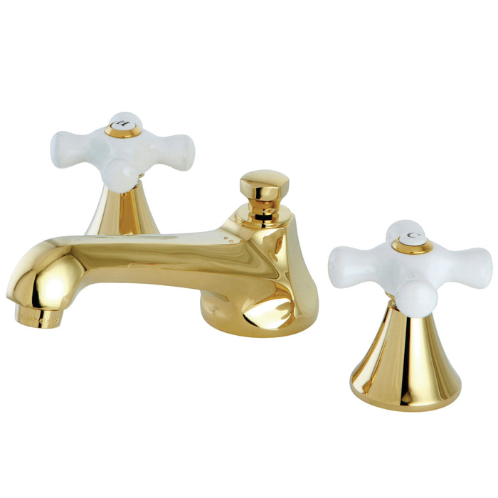 Kingston Tulare KS4472PXTwo-Handle 3-Hole Deck Mount Widespread Bathroom Faucet with Brass Pop-Up, Polished Brass