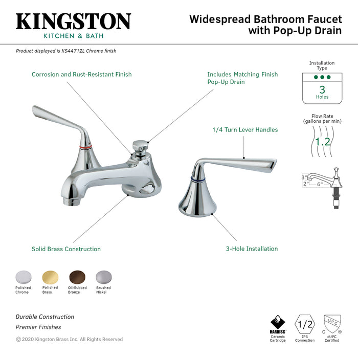 KS4472ZL Two-Handle 3-Hole Deck Mount Widespread Bathroom Faucet with Brass Pop-Up, Polished Brass