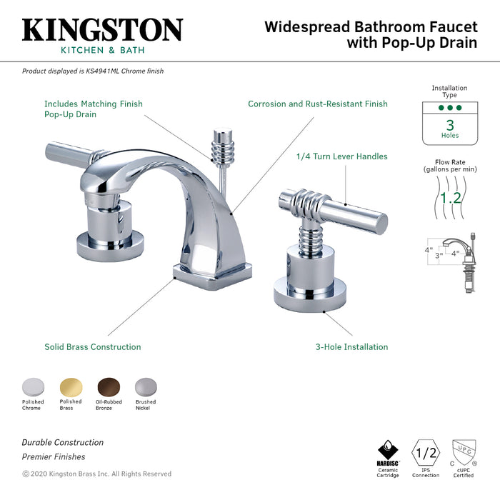 Claremont KS4942ML Two-Handle 3-Hole Deck Mount Widespread Bathroom Faucet with Brass Pop-Up, Polished Brass