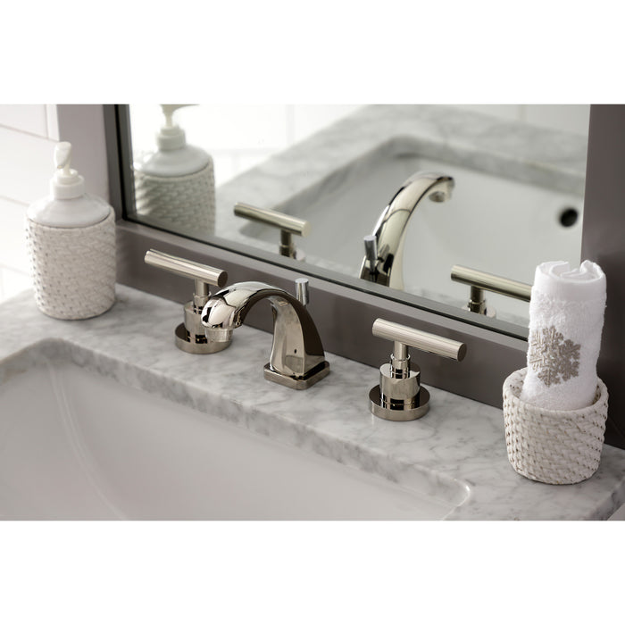 Manhattan KS4946CML Two-Handle 3-Hole Deck Mount Widespread Bathroom Faucet with Brass Pop-Up, Polished Nickel