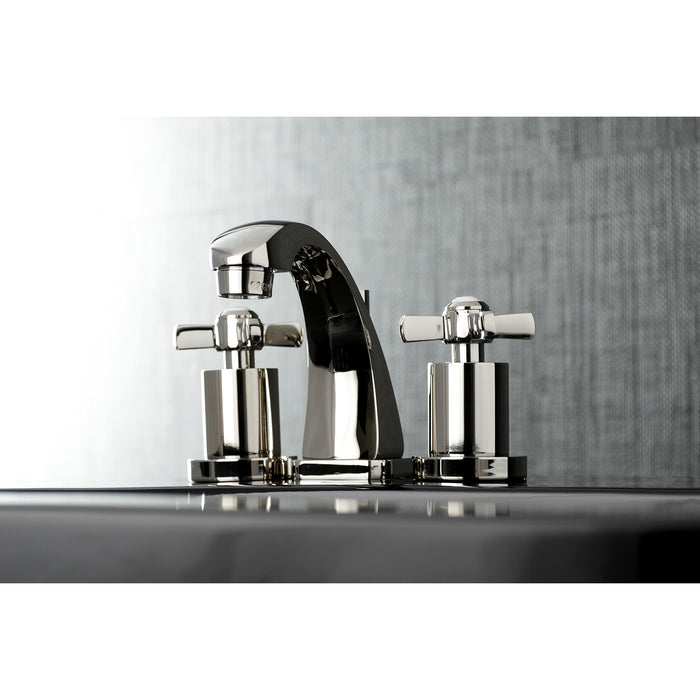 Kingston Tulare KS4946ZX - Millennium Two-Handle 3-Hole Deck Mount Widespread Bathroom Faucet with Brass Pop-Up, Polished Nickel