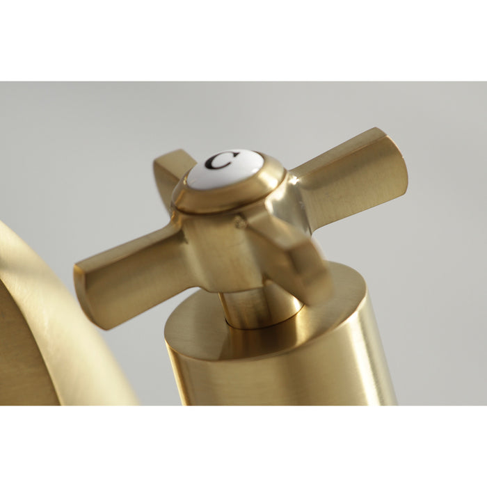 Kingston Tulare KS4947ZX - Millennium Two-Handle 3-Hole Deck Mount Widespread Bathroom Faucet with Brass Pop-Up, Brushed Brass