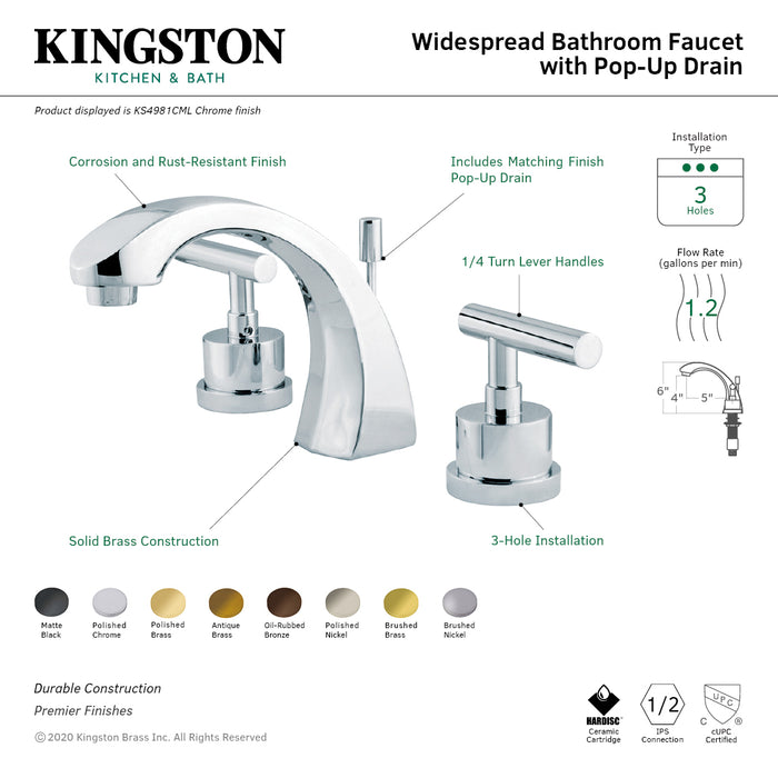 Manhattan KS4981CML Two-Handle 3-Hole Deck Mount Widespread Bathroom Faucet with Brass Pop-Up, Polished Chrome