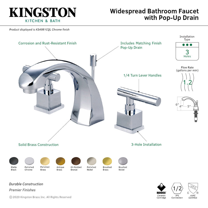 Claremont KS4981CQL Two-Handle 3-Hole Deck Mount Widespread Bathroom Faucet with Brass Pop-Up, Polished Chrome