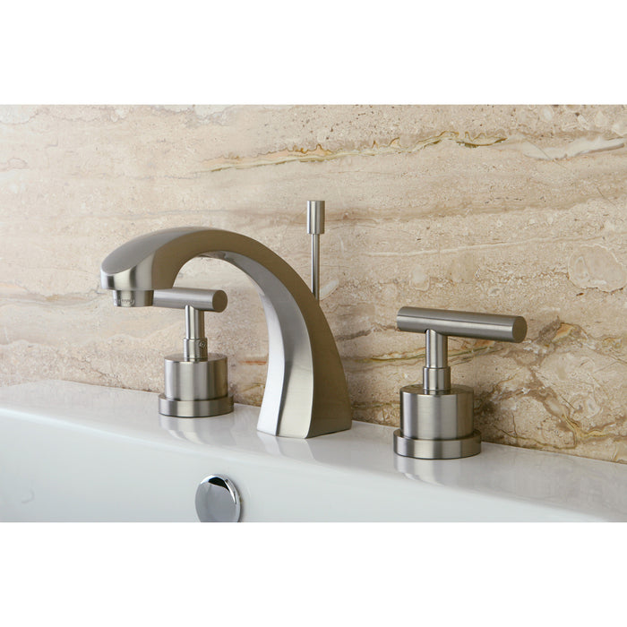 Manhattan KS4988CML Two-Handle 3-Hole Deck Mount Widespread Bathroom Faucet with Brass Pop-Up, Brushed Nickel