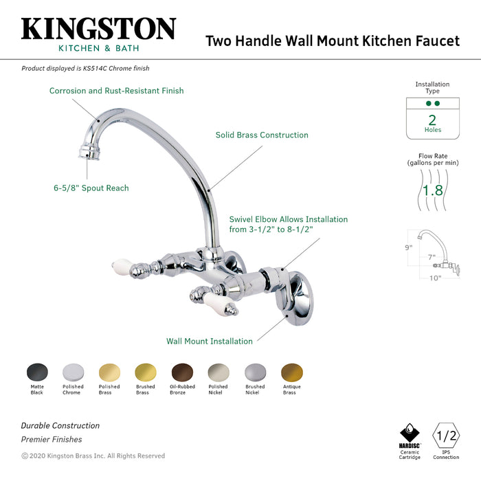 Kingston KS514C Two-Handle 2-Hole Wall Mount Kitchen Faucet, Polished Chrome